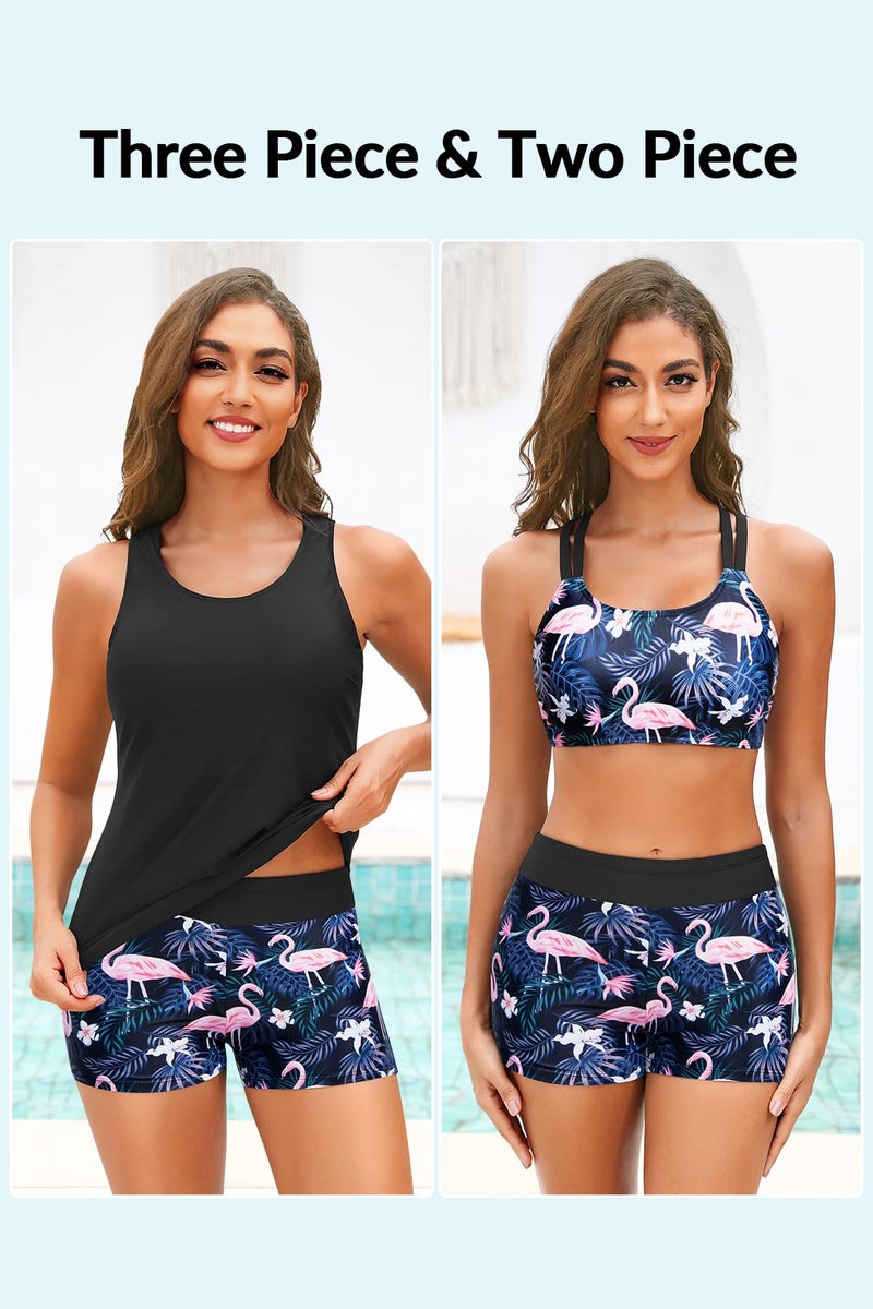 Yonique 3 Piece Tankini Swimsuits for Women Bathing Suits with Boy Shorts and Swim Tank Top Bra Modest Swimwear Black Flamingo XL - Image 2